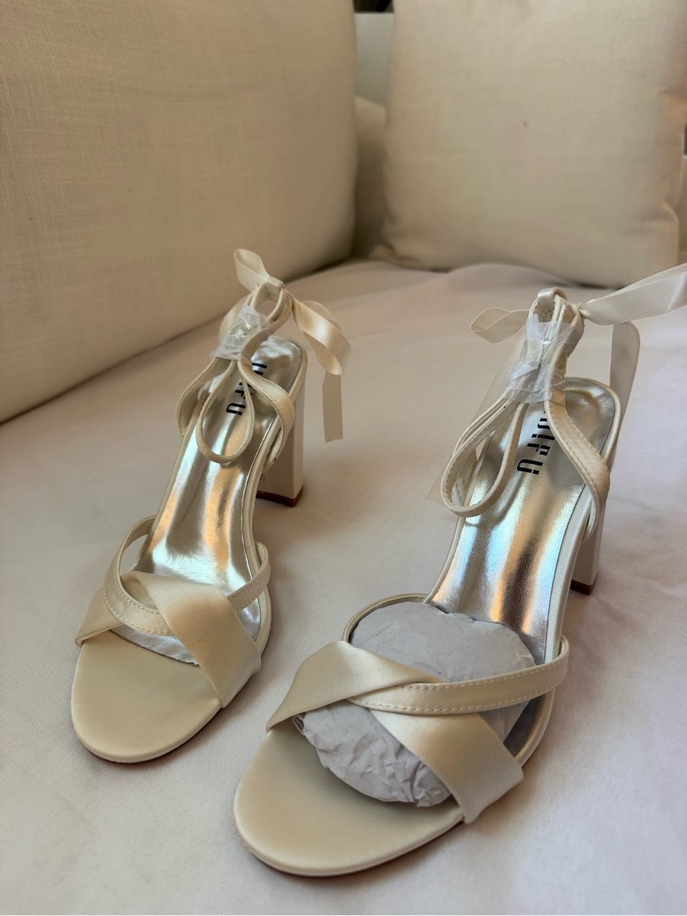 Satin Cream Ankle-Tie Block Heel Sandals